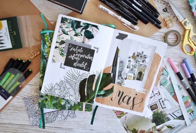 Napis i botaniczne rysunki w art journalu w notesie w kropki.