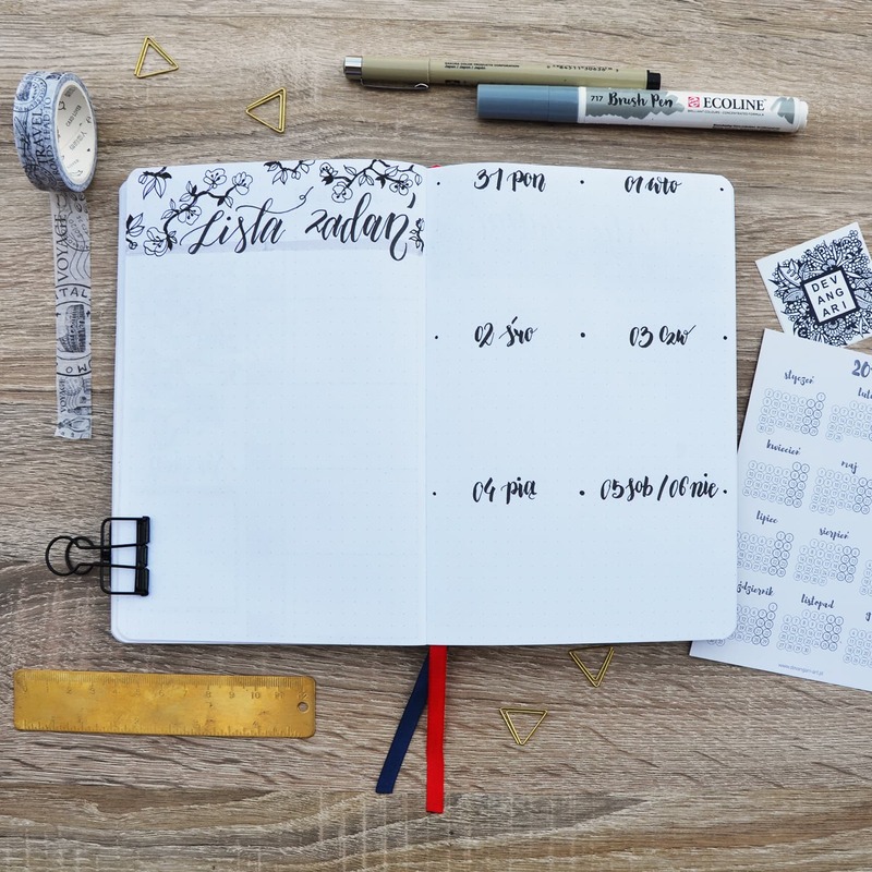 Widok tygodniowy w bullet journal - notes w kropki Devangari Art Widok tygodniowy w bullet journal - notes w kropki Devangari Art