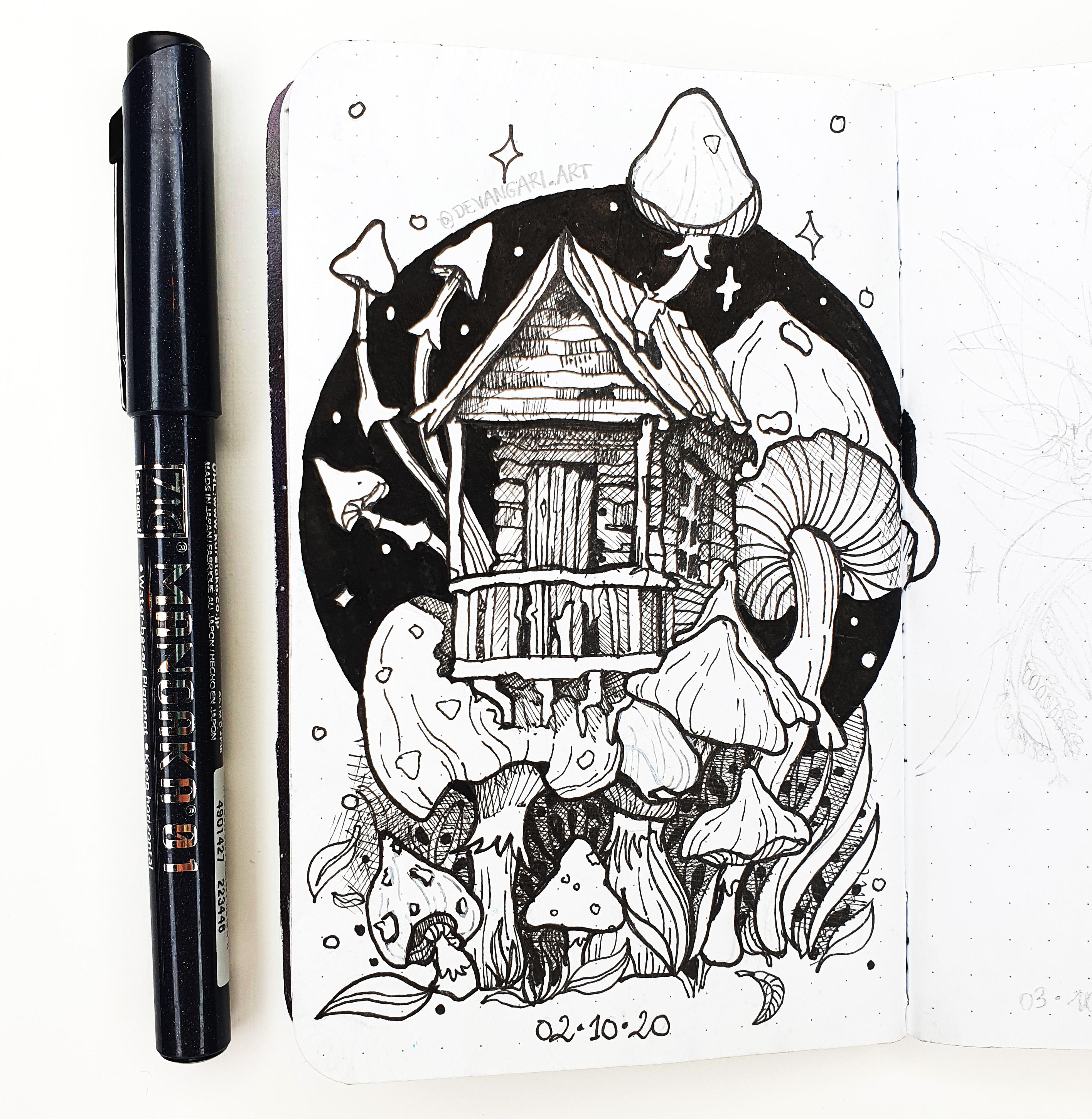 Rysunek bajkowego domku rosnącego w grzybach - wyzwanie inktober